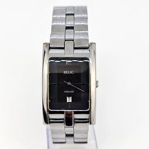 Relic Tank Watch Men 27mm ZR77044 Silver Tone‎ Black Dial Date New Battery 7.5"